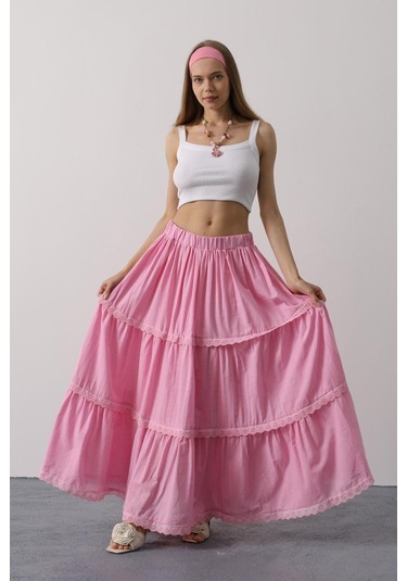 Dantel Detaylı Etek - Pembe Pembe
