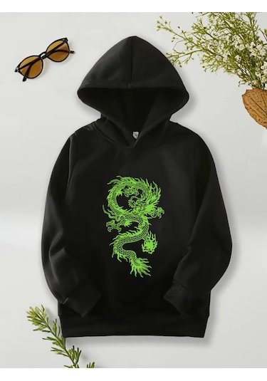 Çocuk Yeşil Ejderha Baskılı Tasarım Sweatshirt Siyah
