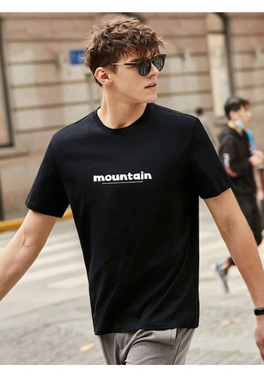 Erkek Siyah Oversize Mountain Baskılı T-shirt Siyah