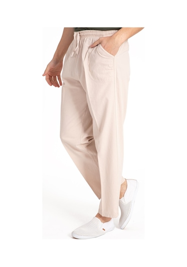 Erkek Ham Bez Lastikli Yüksek Bel Rahat Kalıp %100 Natural Pamuk Eşofman Alt Pantolon Alt Giyim 2188-Krem