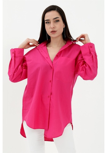 Tek Cepli Kolları Katlı Oversize Kalın Keten Gömlek - Fuşya-fuşya Fuşya