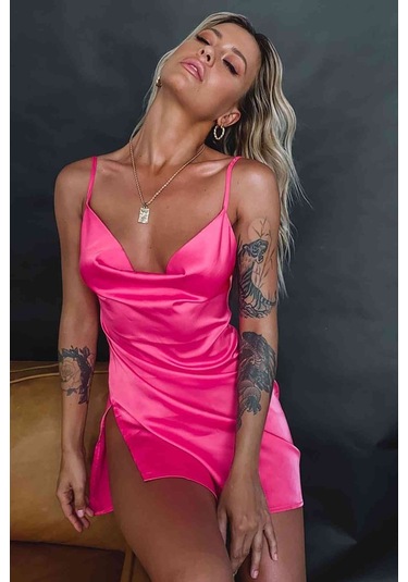 Alpinmoda Saten Yırtmaçlı Kısa Gecelik Ms23246 Pembe