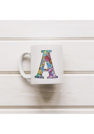 A Harfi Bardak 330 Ml İsme/harfe Özel Hediye, Renkli Harf Tasarım Beyaz