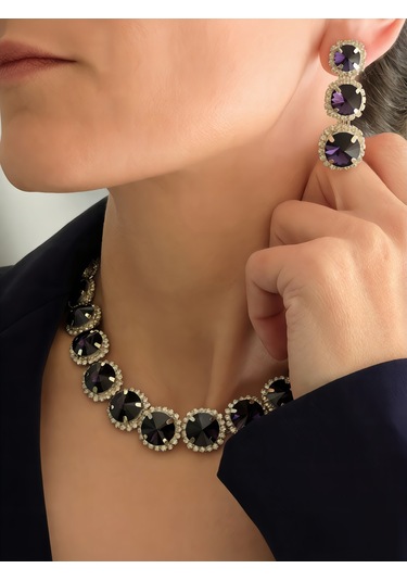 Riviere Kristal Taşlı Çiçek Model Mor Renkli Kolye Küpe Set