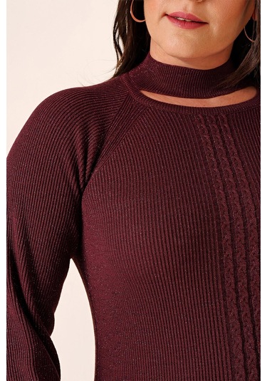 Boyun Dekolteli Saç Örgülü Desen Büyük Beden Spor Tunik Kazak-35211 - Mor