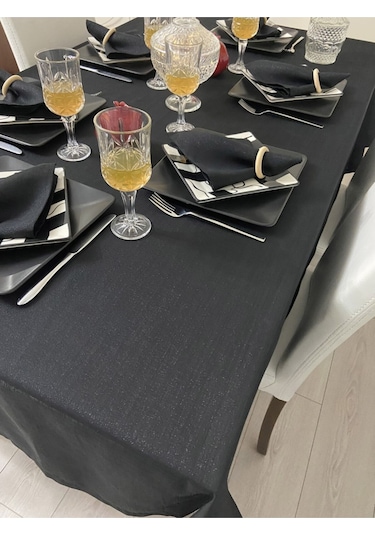Keten Görünümlü Simli Begonvil Masa Örtüsü Siyah 25 Parça