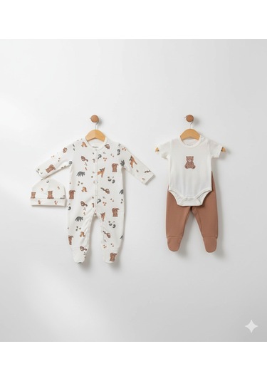 Erkek Bebek 4'lü Baskılı Takım 1-3 / 3-6 Ay Kahverengi