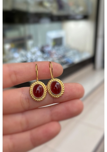 Gümüş Sallantılı Akik Taşlı Altın Kaplama Küpe Hs853b2 Sarı