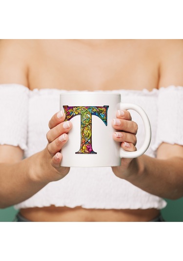 T Harfi Bardak 330 Ml İsme/harfe Özel Hediye, Renkli Harf Tasarım Beyaz