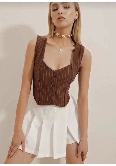 Çizgili Krep Düğmeli Yelek Kahve S3395 Kahve