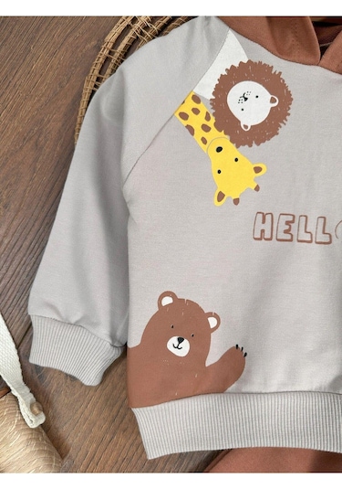 Baby Waka Zürafa&aslan Baskılı Kapüşonlu Erkek Bebek Alt Üst Takım Kahve