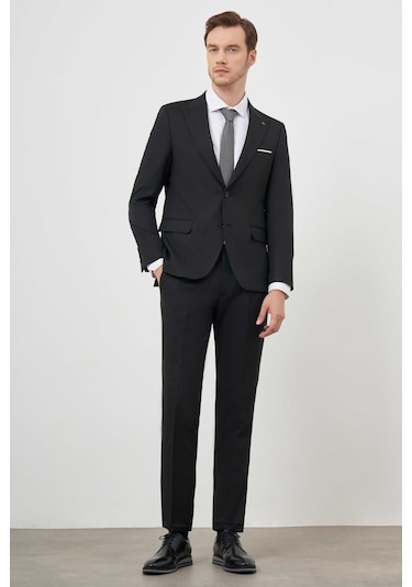 Morven Erkek Siyah Poliviskon Basic Jakar Desen Slim Fit Sivri Yaka Takım Elbise Siyah