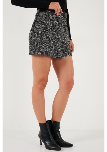 Lela Pamuklu Kırçıllı Relaxed Fit Mini Boy Kemerli Bayan Şort Etek 611Sr0083 Siyah