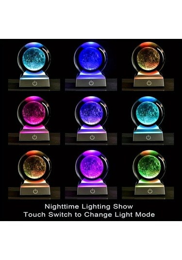 Xuweiwei 1 Adet 8 Cm Renkli Led Tabanlı 3d Ay Gezegen Kristal Topu Gece Lambası Ev Dekoru Hediyesi Beyaz