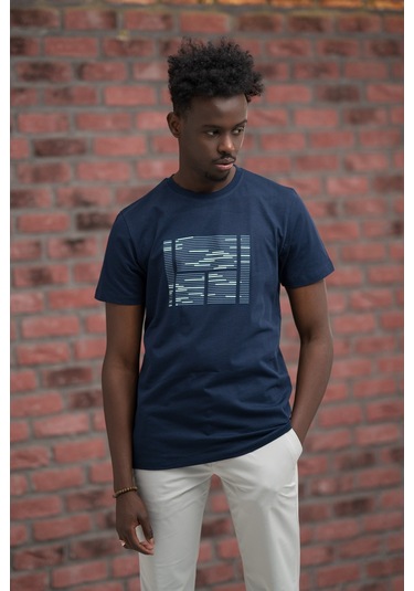 Slim Fit Sıfır Yaka Baskılı Pamuklu T-shirt Lacivert