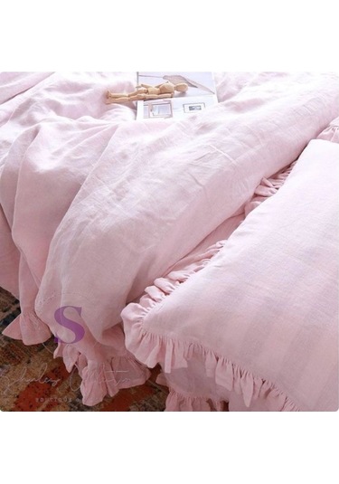 % 100 Pamuk Pembe Fırfırlı Keten Çift Kişilik Nevresim Takımı 200 X220 Pembe