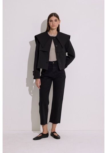 Geniş Yaka Crop Trençkot Siyah Siyah