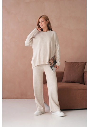 Kadın Bisiklet Yaka Yırtmaçlı Kazak Pantolon İkili Triko Takım Taş