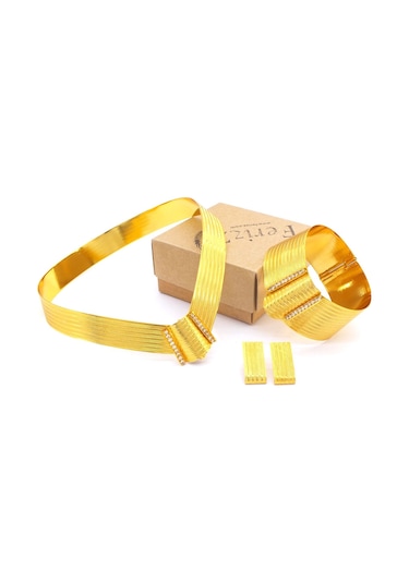 Ferizz Altın Kaplama Trabzon Hasır Kolye, Küpe, Kelepçe Set Altın