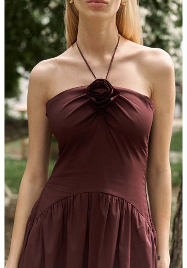 Elisa Gül Detay Bordo Uzun Elbise Bordo