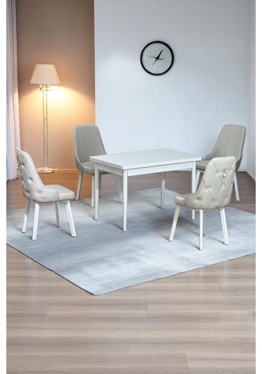 Still Beyaz Mdf 70x110 Sabit Mutfak Masası Takımı Beyaz Metal Ayak 4 Krem Sandalye Krem