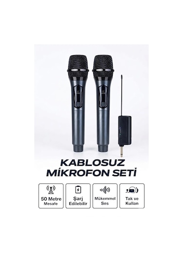 Profesyonel Çiftli Kablosuz Mikrofon Seti Karaoke Şarj Edilebilir 50 Metre