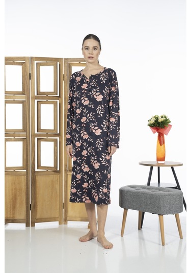 Estiva 23246-2 Üstten Düğmeli Uzun Kollu Desenli Likra Viskon Günlük Elbise 001