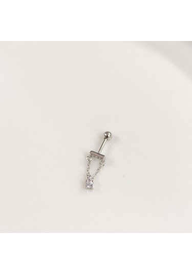 Sallantılı Zincirli Tek Taş Gümüş Tragus Pıercıng - Rodyum Beyaz Beyaz
