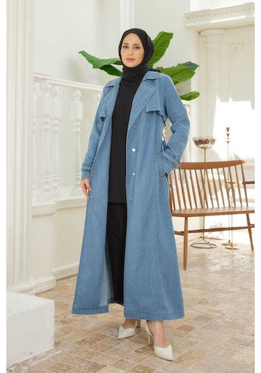 Neways 6458-Battal Allerli Denim Trençkot Mavi Mavi