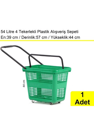 4 Tekerlek Plastik Alışveriş El Sepeti 54 Litre Yeşil 1 Adet / En:42 Boy:54 Yükseklik:44 Cm