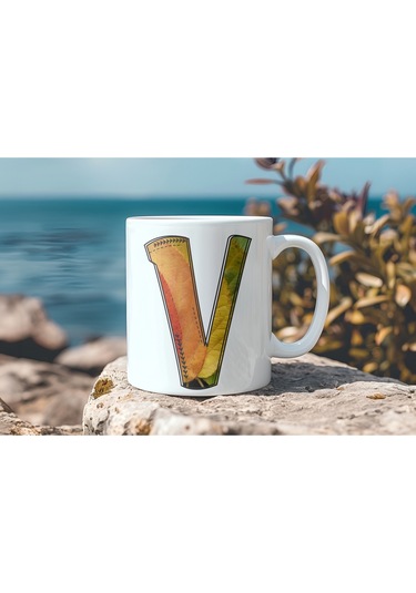 V Harf Yaprak Renkleri İle Kupa Bardak - Kişiye Özel Alfabe Harfli Bardak - Hediye Beyaz