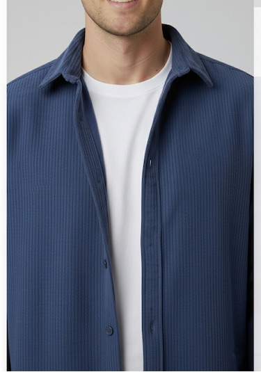 Deepsea Erkek Mavi Kadife Fitilli Rahat Kesim Gömlek Yumuşak Dokulu Likralı Kadife Gömlek 2600758 Mavi