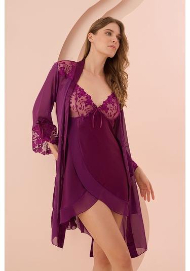 Nbb Kadın Mor Fantezi Saten Gecelik Sabahlık Takım Mor