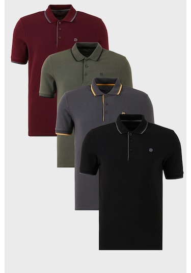 Buratti Pamuklu Slim Fit Şerit Detaylı Düğmeli Polo Yaka 4'Lü Paket Erkek T Shirt 5902118S4 Siyah-Vişne-Antrasit-Haki