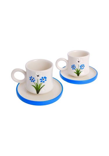 2 Li Takım Mavi Papatya Desenli, El Yapımı Kazan Seramik Kahve Fincanı, Kahve Fincanı, Hand Made Beyaz