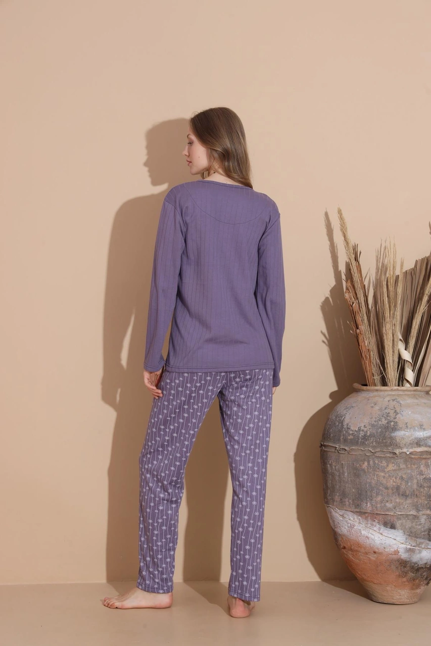 Lindros Kadın Pamuk'lu Düğme Yaka Raporlu İnterlok Kışlık Pijama Takımı 05040 - 1 Adet Mor