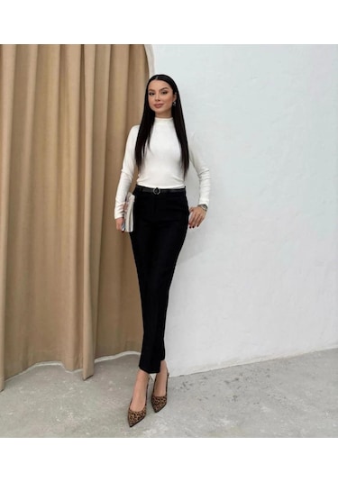 İs Berceste Siyah Kemerli Dabıl Kumaş Havuç Pantalon Siyah