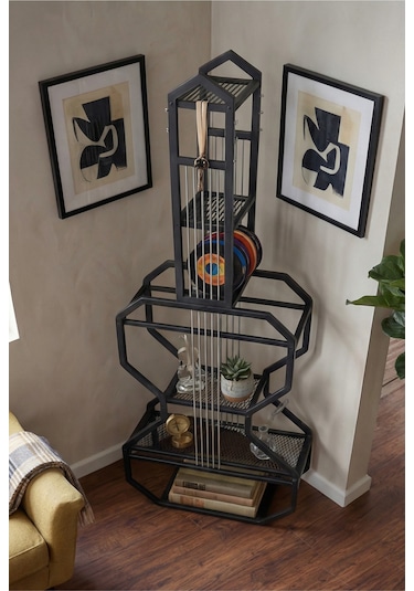 Gitar Ünite Metal Raflı Kitaplık Siyah Metal Tel