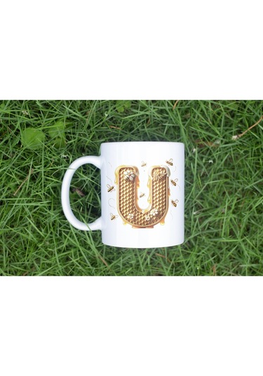 U Harfi Bal Arısı Tasarım Kupa Bardak - Bal Ve Petek Desenli Kişiye Özel Kahve Kupası - Hediyelik Beyaz