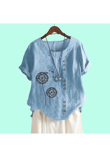 Kadın Günlük Çiçek Baskılı Bol Bluz Bayan Pamuk Keten Üst Moda Kısa Kollu Tişört Açık Mavi