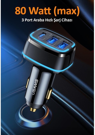 Usams US-CC126 PD Type-C + 2XUSB-A 80W Çakmaklık Hızlı Şarj Cihazı