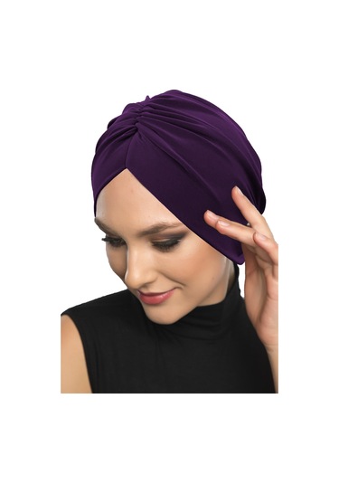 Büzme Çift Taraflı Mor Hazır Türban Tesettür Havuz Bonesi Mor