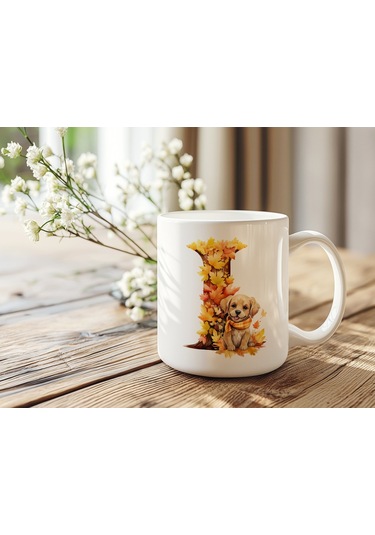 I Harf Sonbahar Yaprak Temalı Kupa Bardak - Sevimli Figürler İle Alfabe Harfli Bardak - Kişiye Özel Beyaz