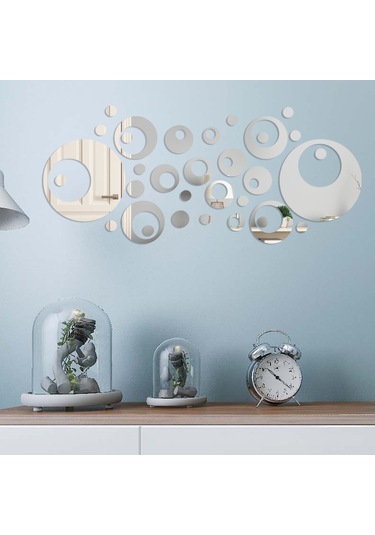 Yaleker 32 Adet/set Geri Çekilebilir Akrilik Ayna Sticker, Ev Salonu Yatak Odası Dekorasyonu İçin Gümüş Renkli Duvar Sticker Seti Gümüş