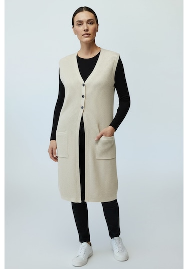 Kadın Önü 3 Düğmeli Üstten Cepli Uzun Yelek Krem