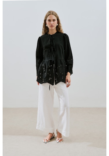 Bağlamalı Nakışlı Tunik Siyah Siyah