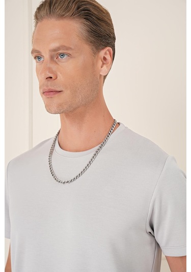 Comfort Fit Bisiklet Yaka Esnek Pamuk Casual Gri Tişört Ts 885 Gri