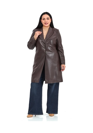 Büyük Beden Cepli Düğme Kapamalı Astarlı Suni Deri Koyu Kahverengi Kaban Koyu Kahverengi