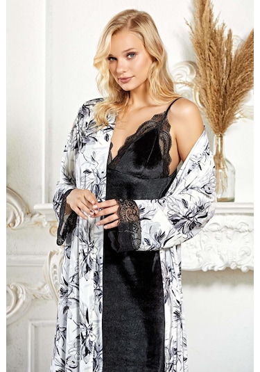 Kadın Kadife Sabahlık Gecelik İkili Takım Set Flz 32-40 Siyah