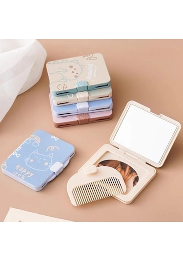 Shineyee Foldable 2-in-1 Makyaj Aynası Ve Tarak Seti - Taşınabilir, Parlak Cam Ayna, Sevimli Kartoon Desenli, Rastgele Renk